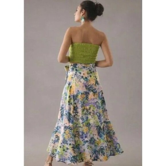 Anthropologie Maeve Ruffled Wrap Maxi Skirt Floral High-Low Wrap Skirt Large - Picture 3 of 9